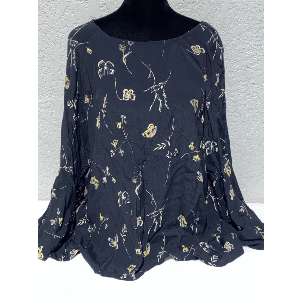 Lauren Conrad LC Black Floral Boho Gypsy Top Blouse‎ Ruffle Bell Sleeve Size XL